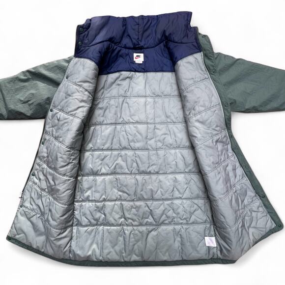 Vintage Nike Swoosh Split Hooded Long Puffer Jacket Parka Coat Green Navy L 90s - Picture 5 of 15